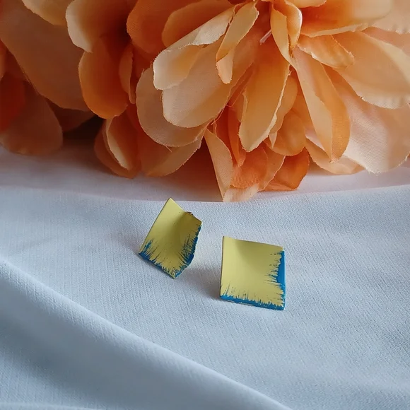 Yellow/Blue Geometric Earrings - Picture 5 of 9